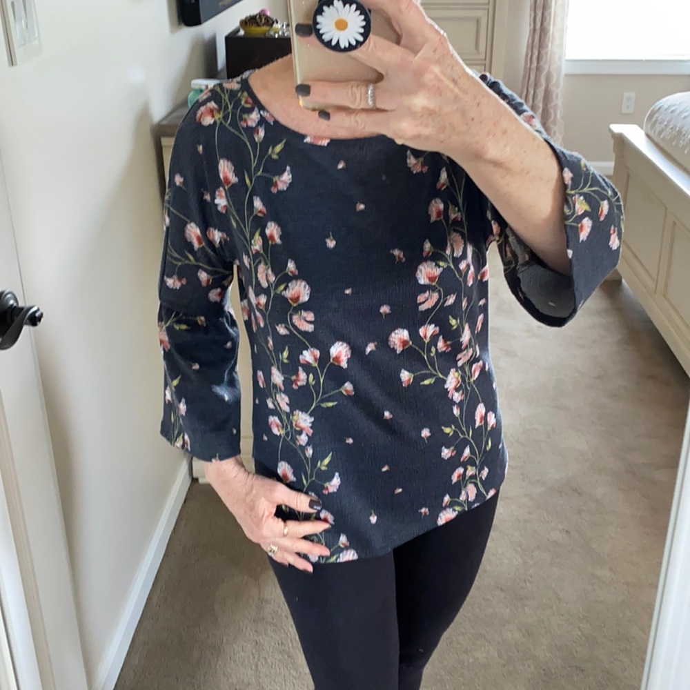 Lauren Conrad bell sleeved dark gray floral blouse
